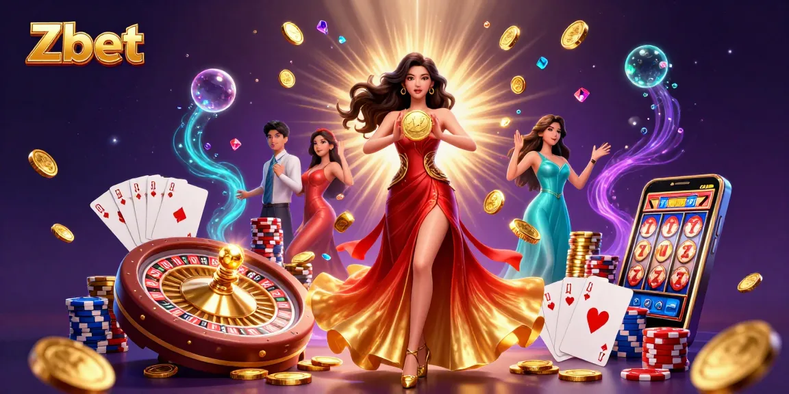 Zbet brings excitement to players with a stunning visual of casino gaming action featuring a glamorous Asian woman and coins.