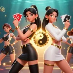 KONG88 Casino showcases stunning twin Asian women with playing cards and cryptocurrency elements in a thrilling gaming atmosphere.
