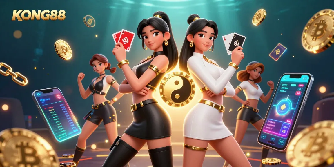KONG88 Casino showcases stunning twin Asian women with playing cards and cryptocurrency elements in a thrilling gaming atmosphere.