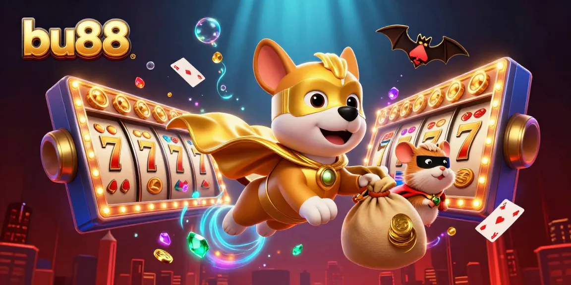 bu88 boasts an exciting casino adventure with a superhero dog and hamster surrounded by slot reels.