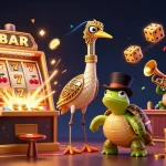 Engage with nhà cái shbet in an exciting 3D casino scene filled with vibrant slot machines, coins, and colorful gaming elements.