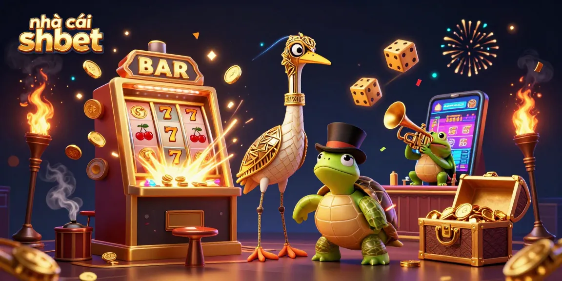 Engage with nhà cái shbet in an exciting 3D casino scene filled with vibrant slot machines, coins, and colorful gaming elements.