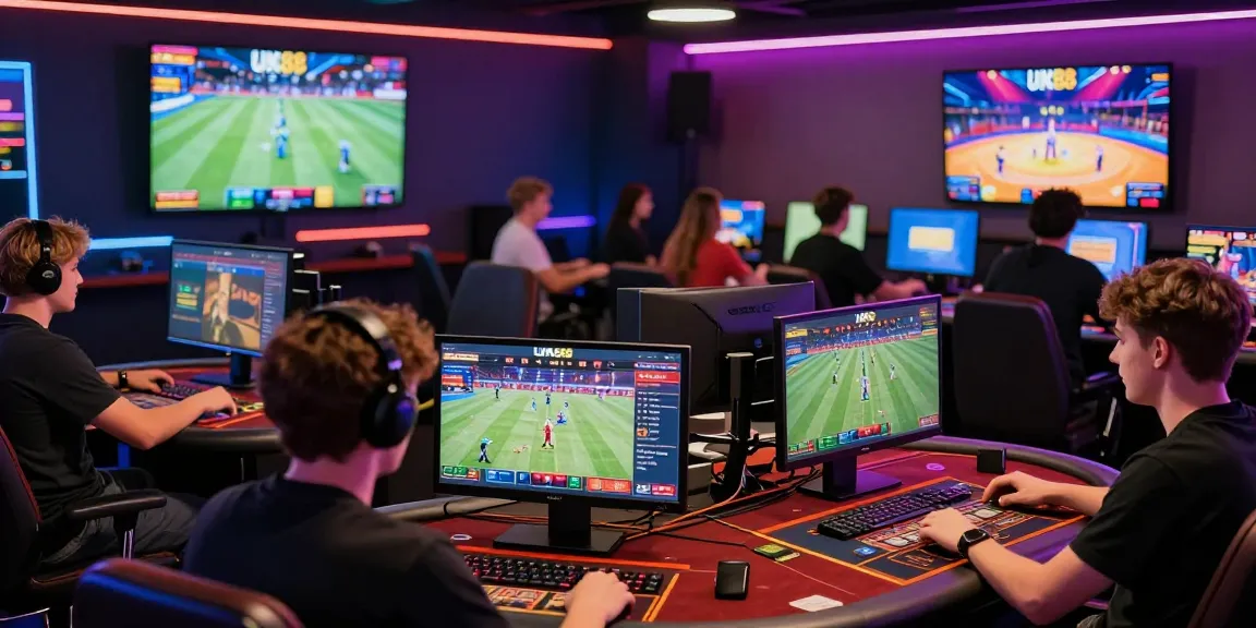 Engaged players enjoying online gaming with UK88 platform on various devices in a vibrant atmosphere.