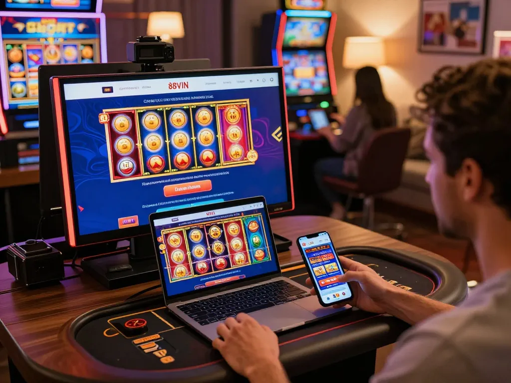88VIN users enjoying slot games on various devices in a cozy home setup, highlighting online gaming excitement.