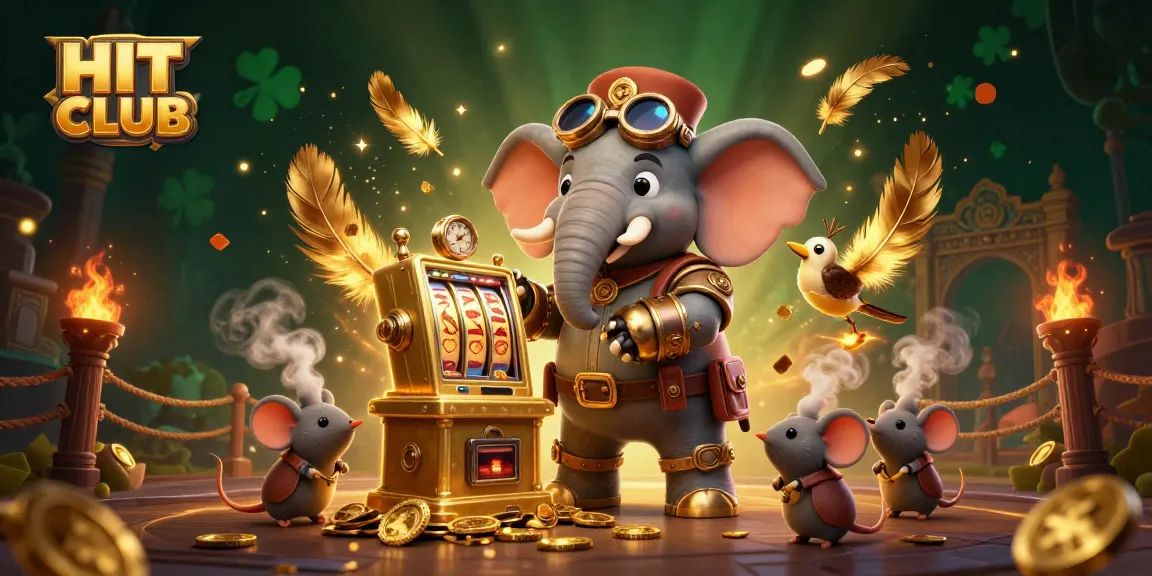Engage with HIT CLUB's thrilling gaming atmosphere featuring steampunk characters and golden slot machines.