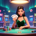 VT88 poker scene featuring a focused Asian woman with cards at a luxury table surrounded by vibrant casino elements.