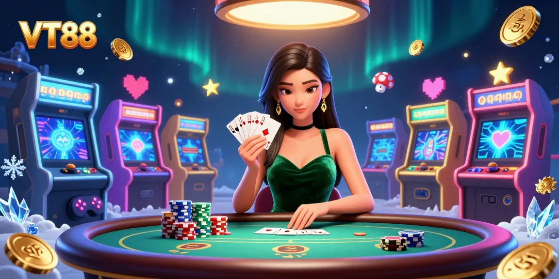 VT88 poker scene featuring a focused Asian woman with cards at a luxury table surrounded by vibrant casino elements.