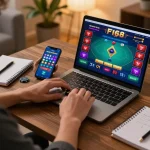 F168 player engaging in dynamic poker gameplay on a laptop, showcasing vibrant graphics and betting options.