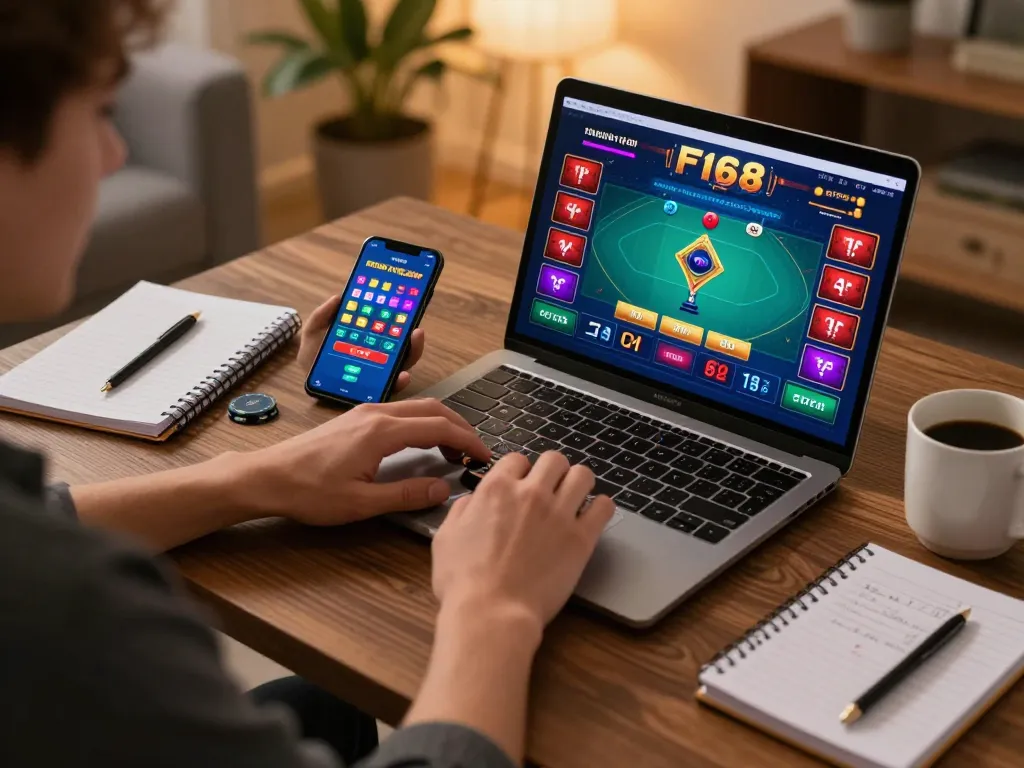F168 player engaging in dynamic poker gameplay on a laptop, showcasing vibrant graphics and betting options.