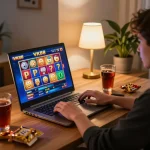 Engaging in VK88 online slot games at home workstation with colorful graphics.