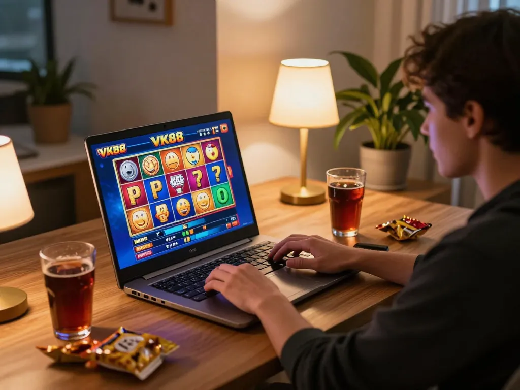 Engaging in VK88 online slot games at home workstation with colorful graphics.