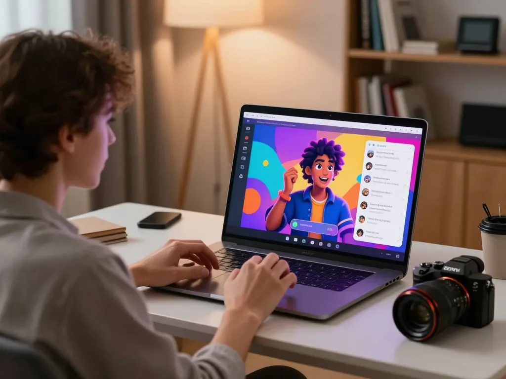 Engaging NSFW chat AI interaction in a cozy virtual environment with user and AI character.