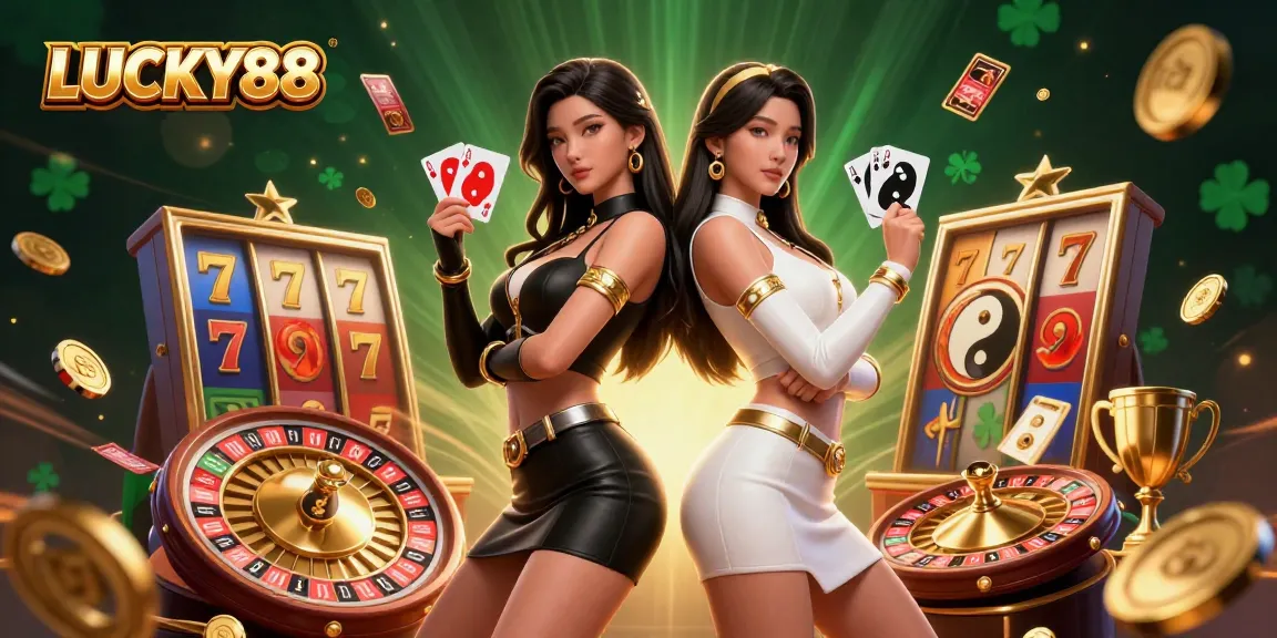 Experience thrilling gameplay with LUCKY88 featuring two stunning Asian women in a vibrant casino scene.