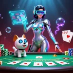 Engage in thrilling manclub gaming with a futuristic 3D woman, robotic dog, and poker elements.