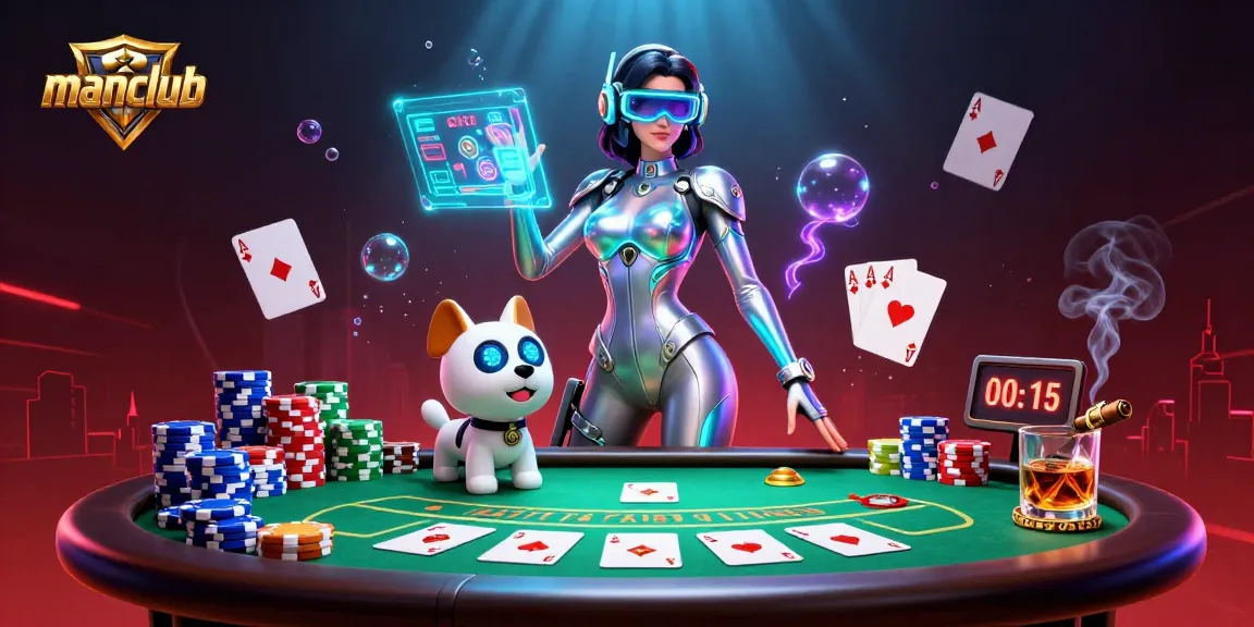Engage in thrilling manclub gaming with a futuristic 3D woman, robotic dog, and poker elements.