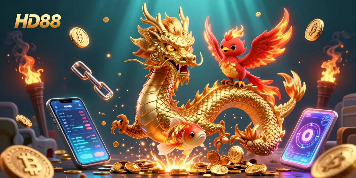 Experience thrilling games at HD88 Casino with vibrant characters in a dynamic 3D illustration.