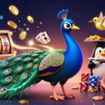 Experience exciting slot gaming with a 3D peacock, penguin, and hummingbird amidst golden treasures