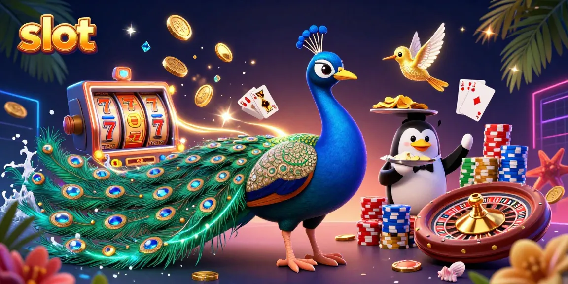 Experience exciting slot gaming with a 3D peacock, penguin, and hummingbird amidst golden treasures