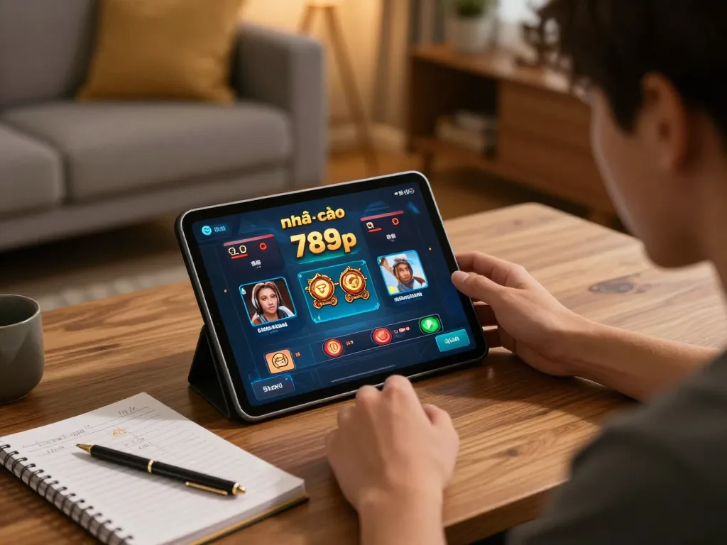 Player using the nhà cái 789p app for online casino gaming in a cozy home environment.