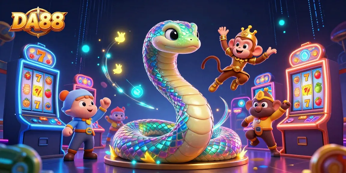 Engage with DA88's vibrant 3D casino scene featuring a rainbow serpent and monkey king.