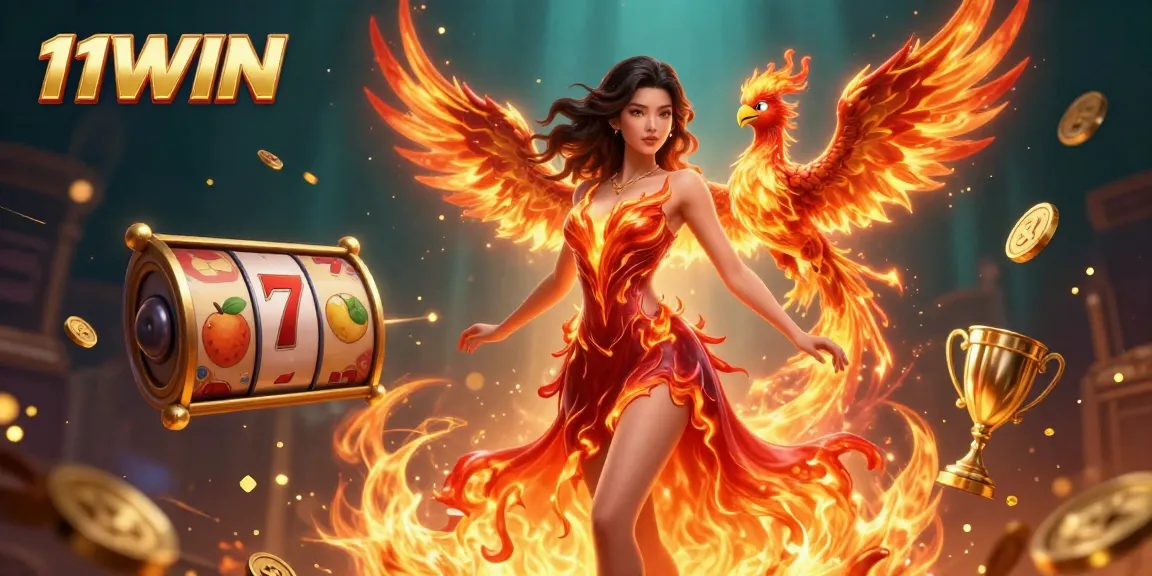 Engage in thrilling slots action with 11WIN's mesmerizing casinoscape, featuring a stunning Asian woman and dynamic game elements.
