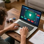 Player enjoying KK55 online poker game on laptop with strategic notes and warm atmosphere
