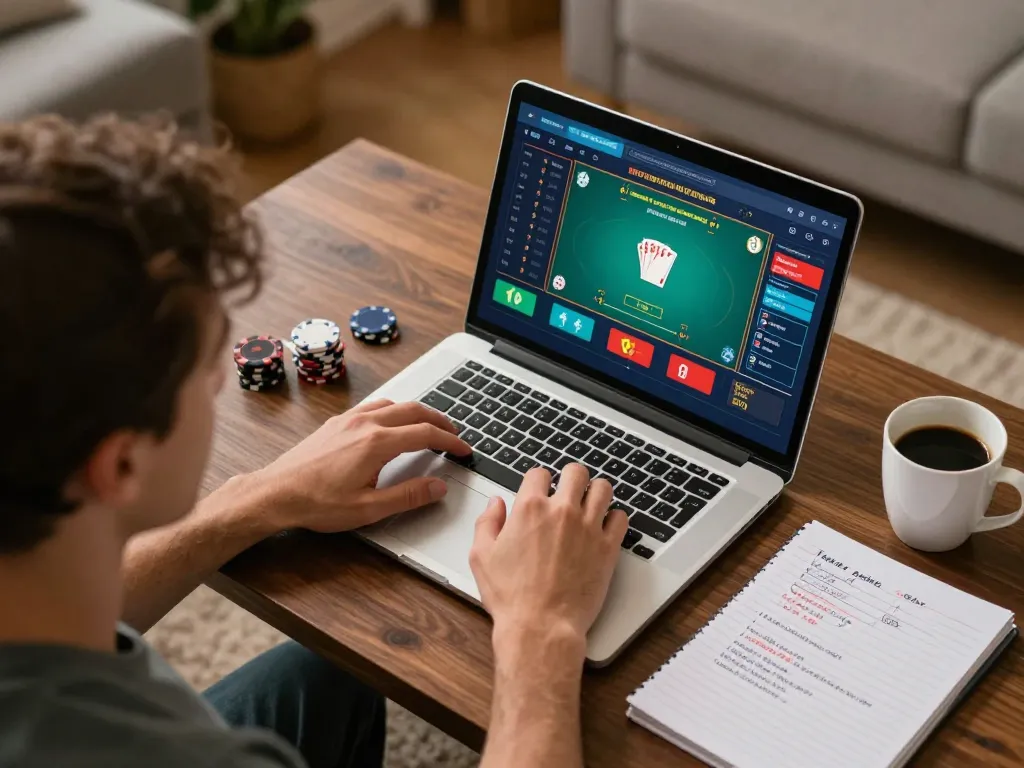 Player enjoying KK55 online poker game on laptop with strategic notes and warm atmosphere
