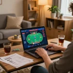VU88 player engaging with exciting online poker action at home, highlighting strategic gameplay and comfortable environment