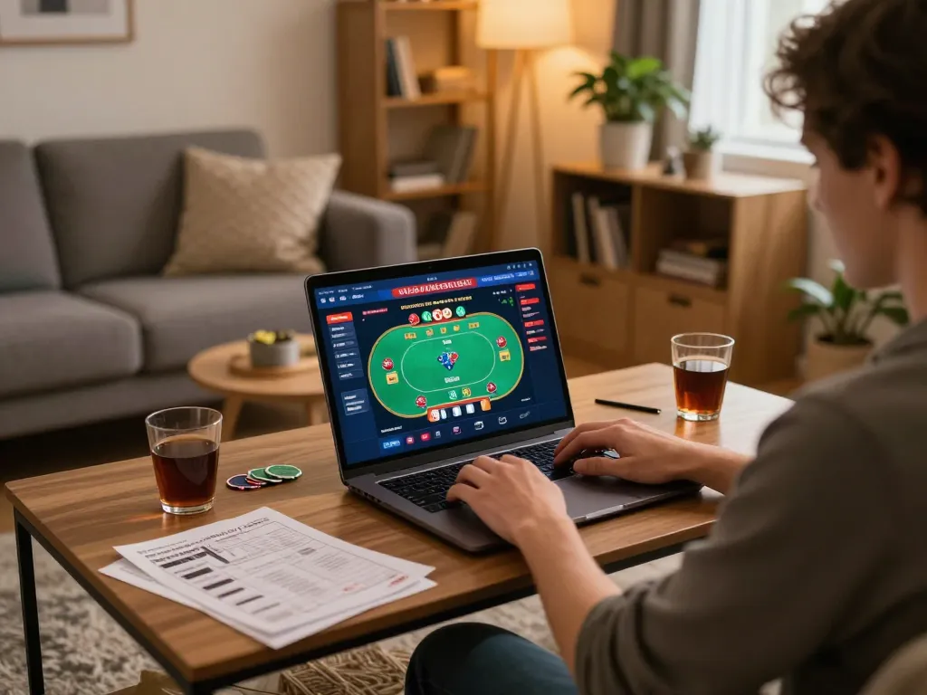 VU88 player engaging with exciting online poker action at home, highlighting strategic gameplay and comfortable environment