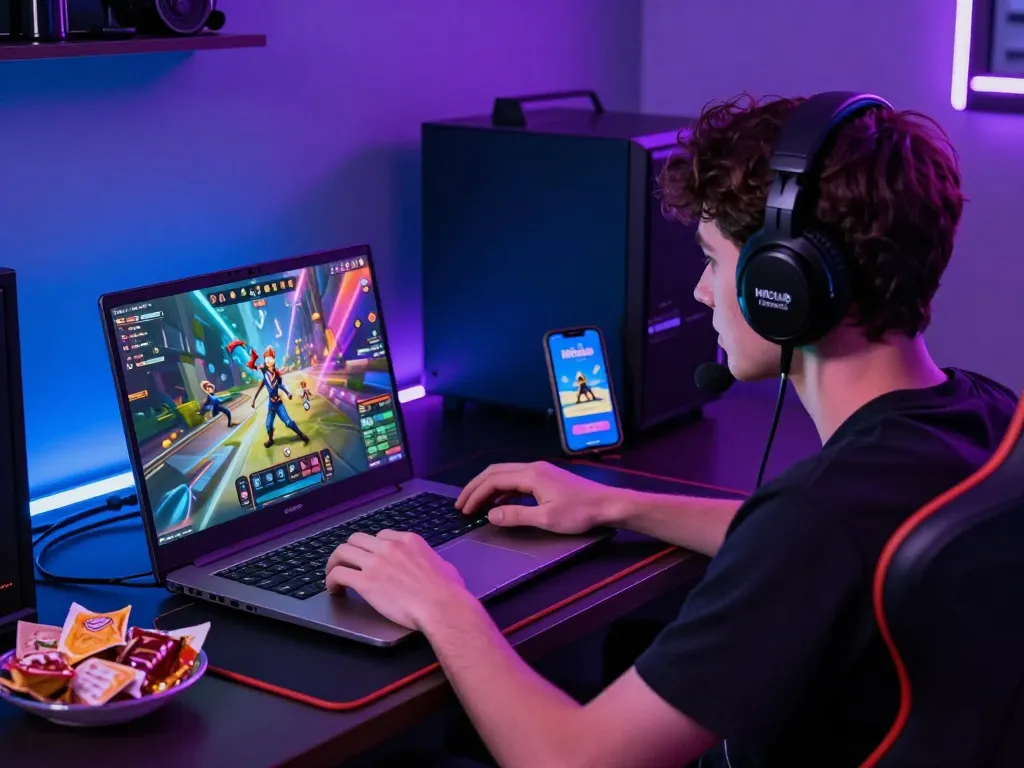 Engaged player tải hitclub app on laptop, highlighting vibrant gaming graphics and modern gaming setup.