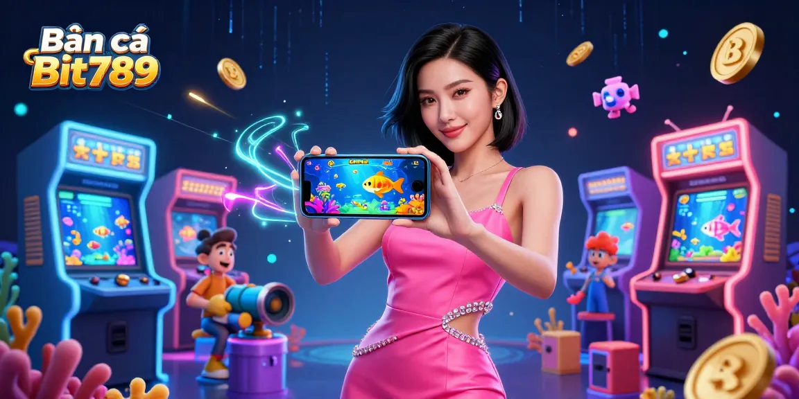 Bắn cá Bit789 offers an engaging gaming experience with a stunning scene of fish shooting action encapsulated in a visually rich 3D illustration.