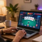 Player enjoying a strategic online poker game at 9BET, cozy atmosphere with engaging setup