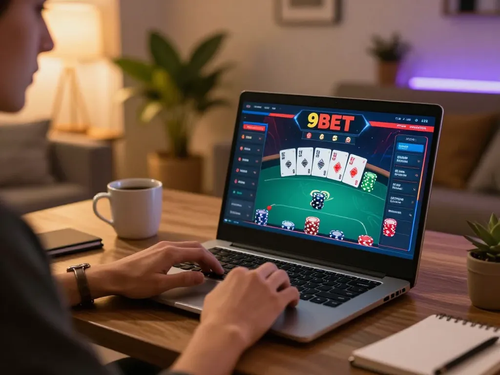 Player enjoying a strategic online poker game at 9BET, cozy atmosphere with engaging setup