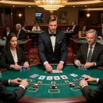 Players strategizing at an upscale blackjack table while engaging in intense gameplay at a casino, featuring DA88.