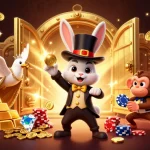 3bet's colorful casino scene featuring a magician rabbit, a dove, and a monkey with poker chips.