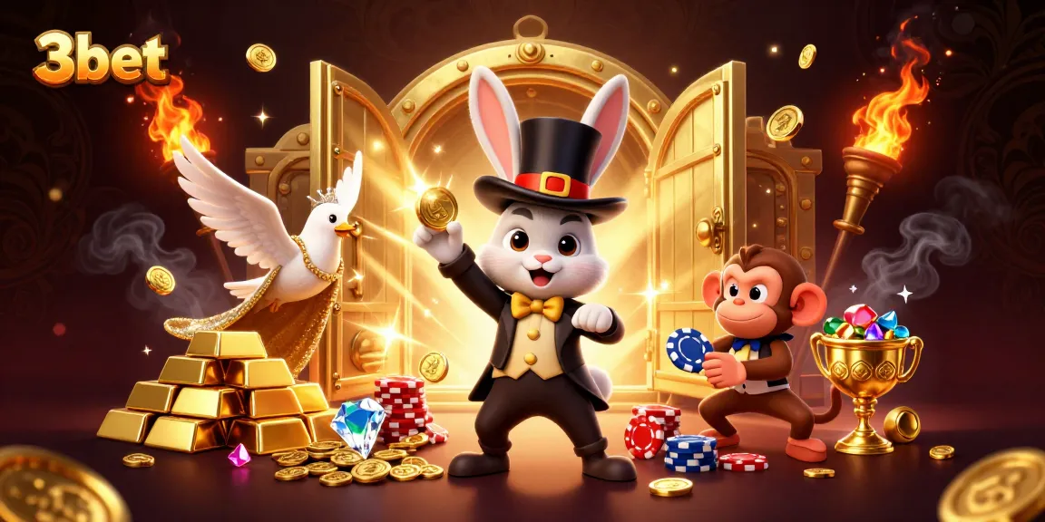 3bet's colorful casino scene featuring a magician rabbit, a dove, and a monkey with poker chips.