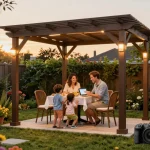 Family enjoying time under a customizable pergola using a pergola configurator in a vibrant garden.