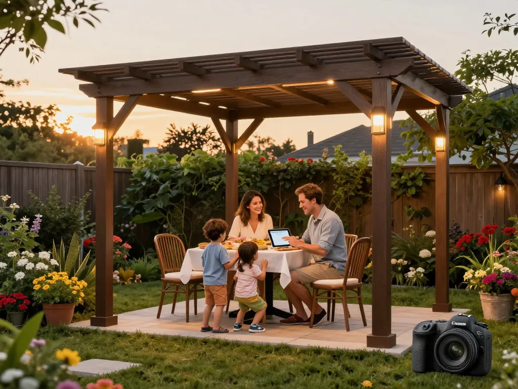 Family enjoying time under a customizable pergola using a pergola configurator in a vibrant garden.