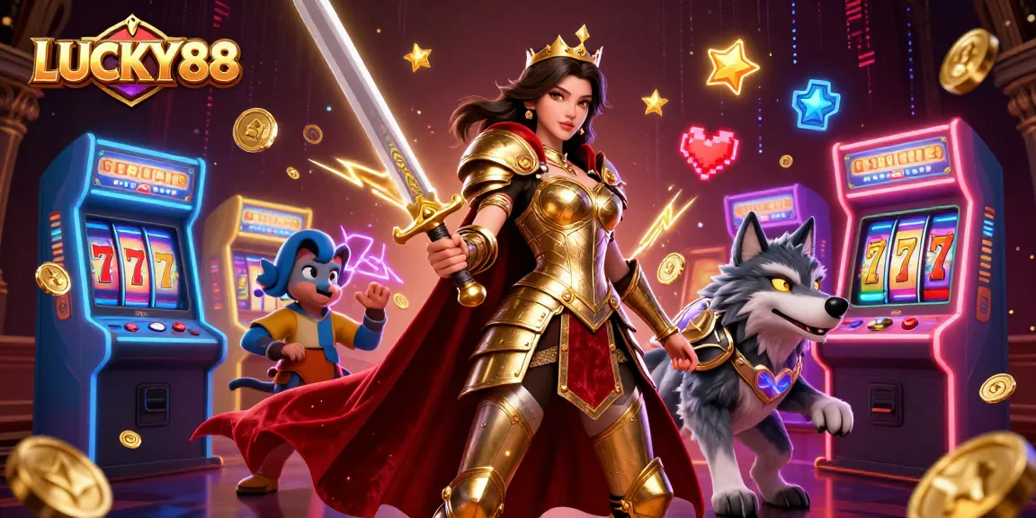 Experience big wins with LUCKY88 in this vibrant, detailed casino illustration showcasing thrilling game elements.