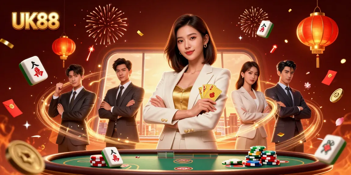 Engage with the exciting UK88 casino, featuring a powerful woman holding cards amidst vibrant celebratory elements.