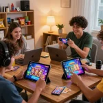 Engaging scene of friends playing games on Sunwin platform while downloading tải sunwin app on their devices.
