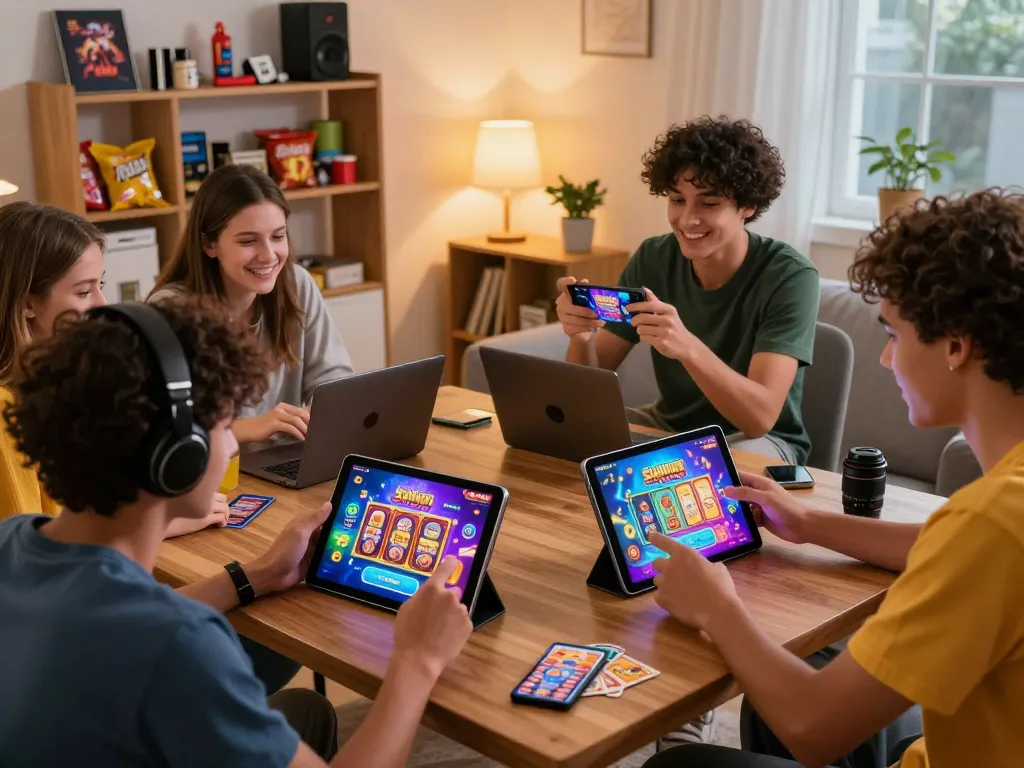 Engaging scene of friends playing games on Sunwin platform while downloading tải sunwin app on their devices.