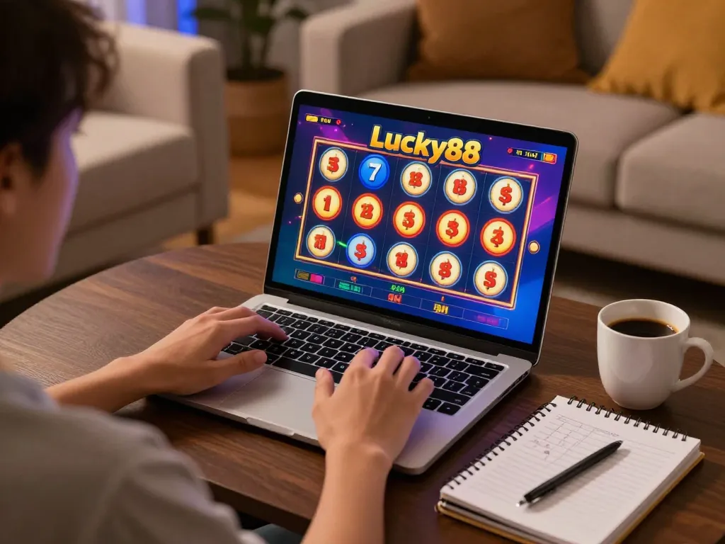Engaging in the Lucky88 slot game at home, showcasing colorful reels and strategic notes.