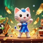 Engaging tylebongda scene featuring a cartoon jazz-singer cat, saxophone crocodile, and a drum bear cub in vibrant casino atmosphere.
