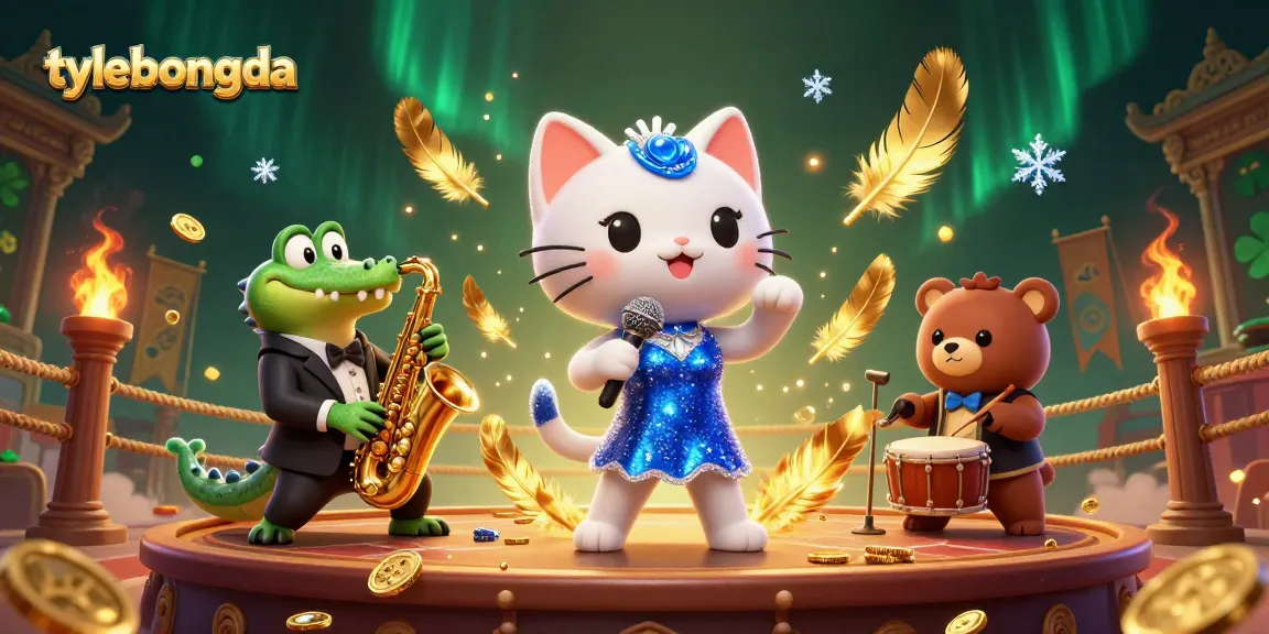 Engaging tylebongda scene featuring a cartoon jazz-singer cat, saxophone crocodile, and a drum bear cub in vibrant casino atmosphere.