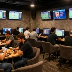 Gamblers enjoying F168 nhà cái betting experience with screens showing live events