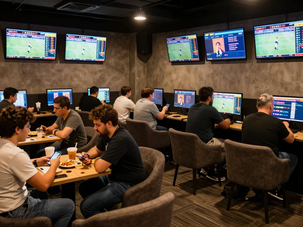 Gamblers enjoying F168 nhà cái betting experience with screens showing live events