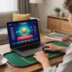 Engaging in Go88 casino app live dealer game from a cozy home setup with laptop.