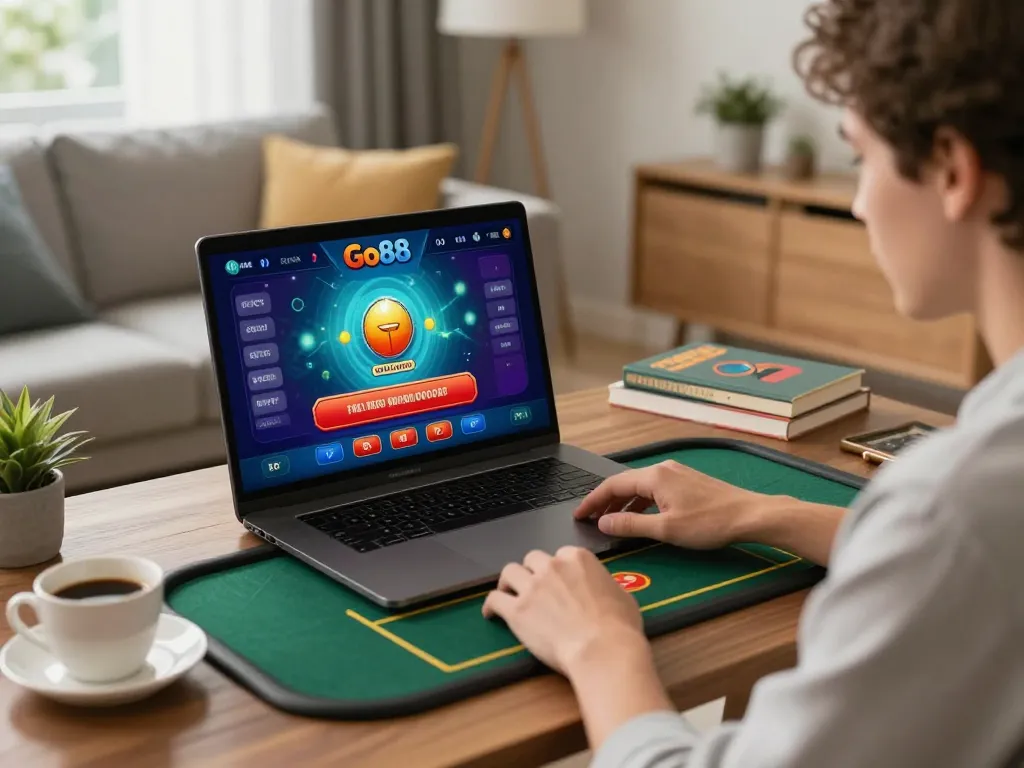 Engaging in Go88 casino app live dealer game from a cozy home setup with laptop.