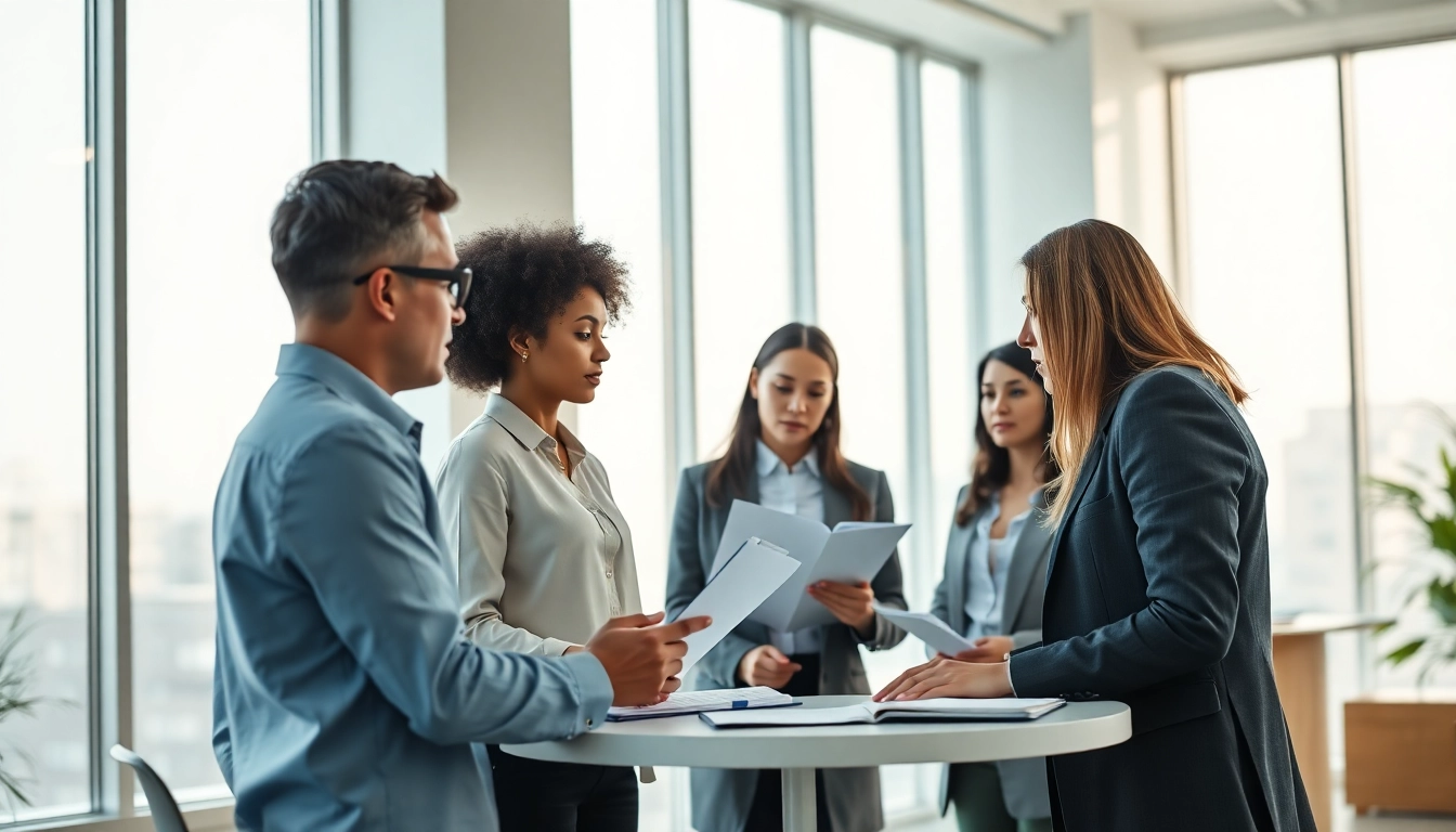 Consultants discussing grants strategies in a bright office environment.